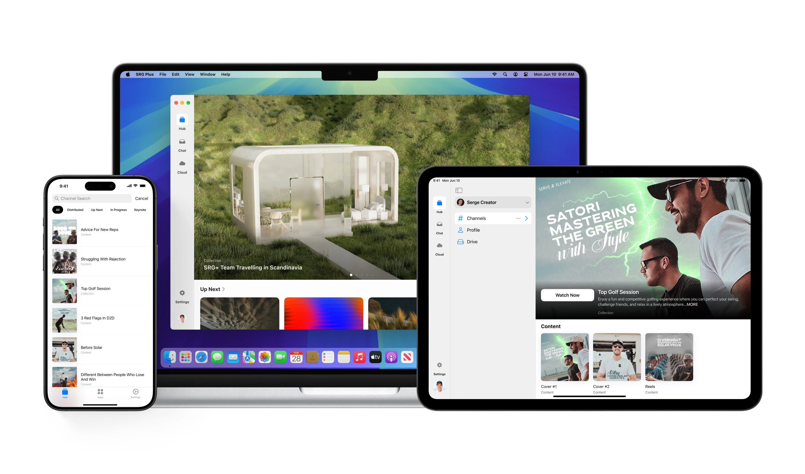SRG+ digital asset management app shown on iPhone, MacBook, and iPad