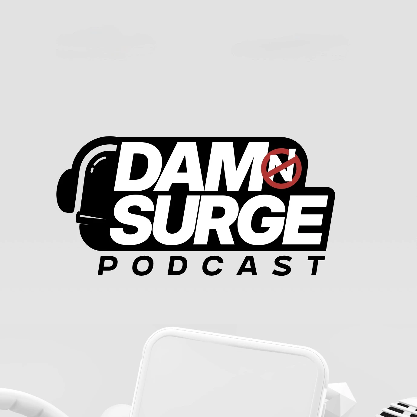 • Podcast microphone with a creative workspace in the background. • A digital asset management dashboard displayed on a computer screen. • Host Serge recording an episode of the DAM Surge Podcast.