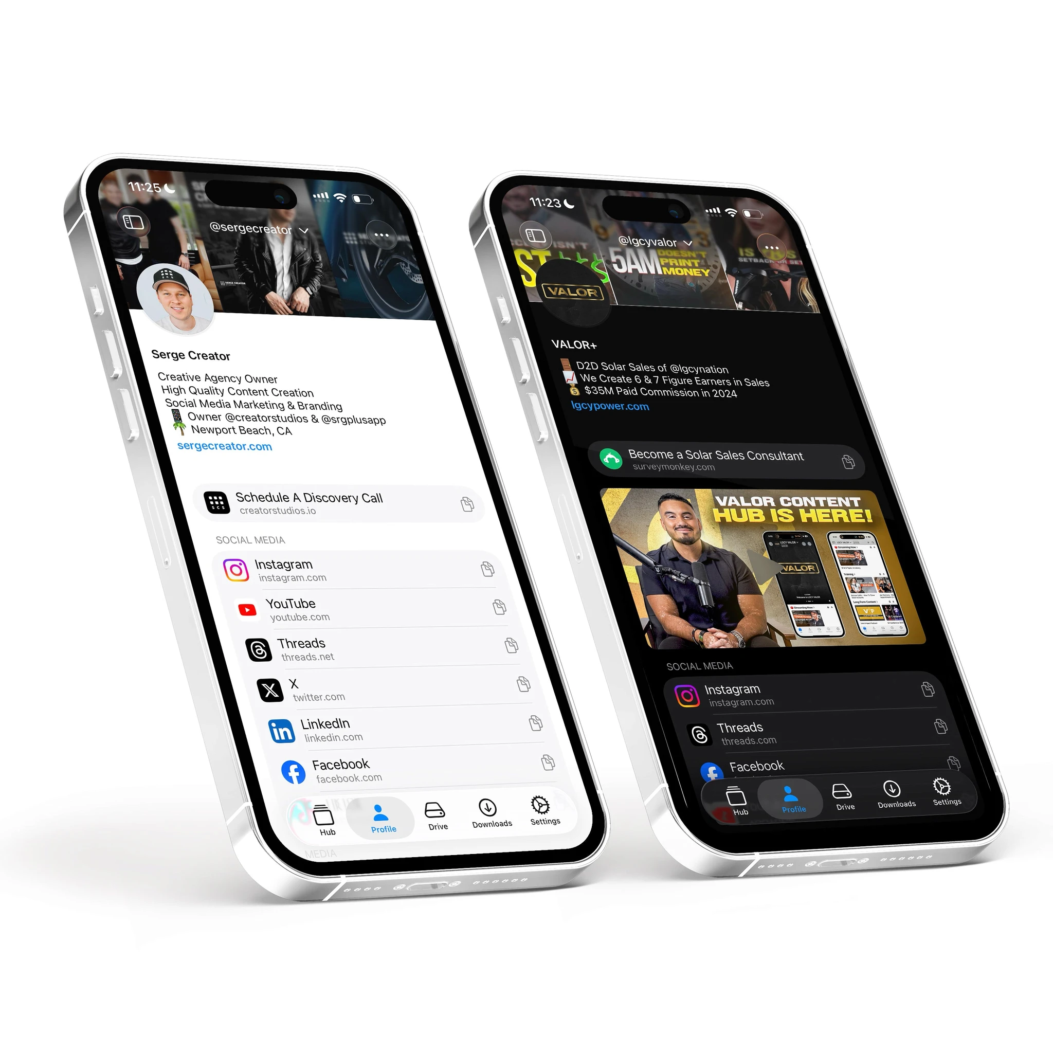 Two phones showing Digital ID pages with links to Instagram, YouTube, LinkedIn and more
