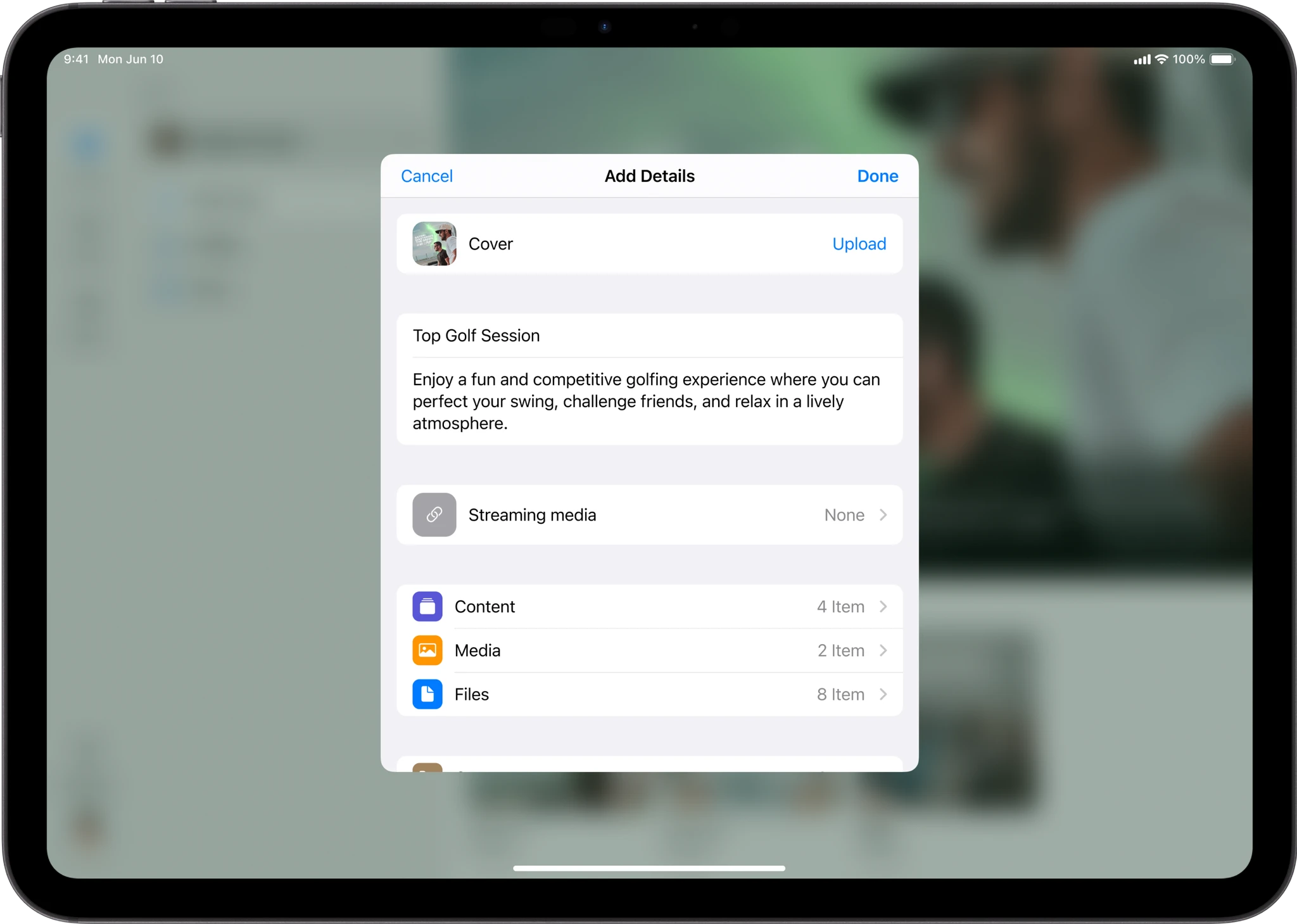Adding a file with its details in SRG+ on an iPad