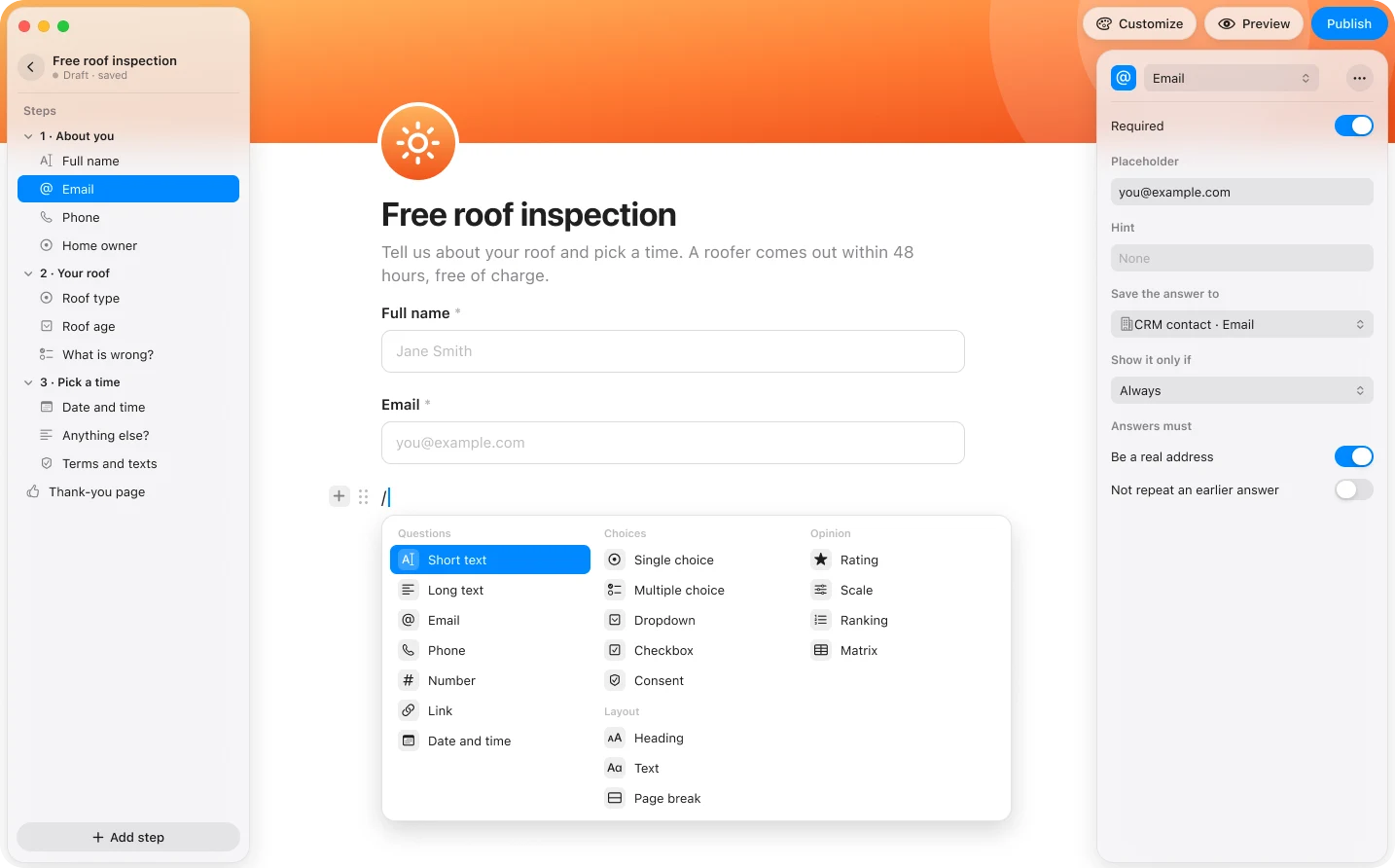 SRG+ Forms on a Mac: a free roof inspection form open in the builder, with the steps on the left, the question list in the middle and the settings of the Email question on the right