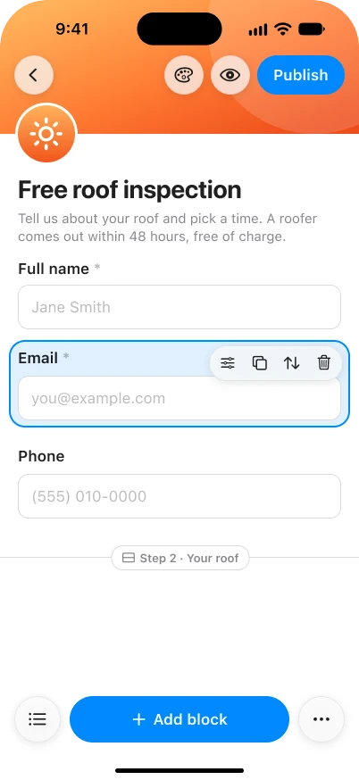 SRG+ Forms on an iPhone: the builder with the Free roof inspection form, the Email question selected and an Add block button