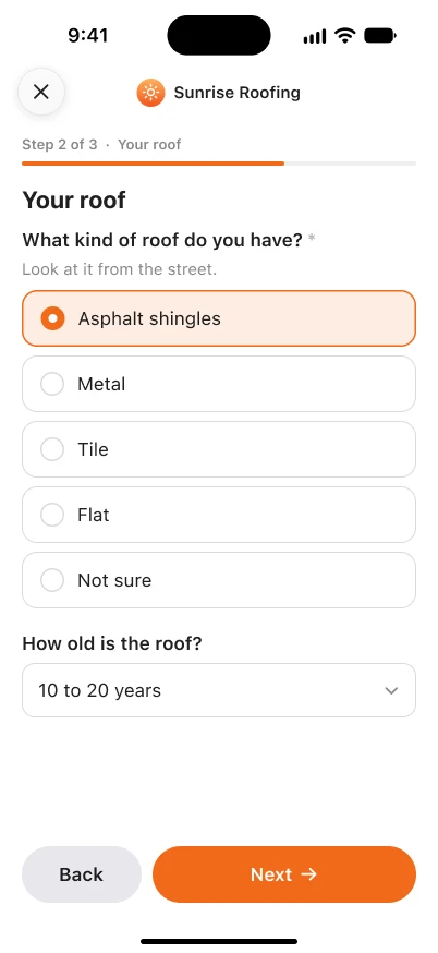 SRG+ Forms on an iPhone: step 2 of 3 of a form, with the question What kind of roof do you have and five choices