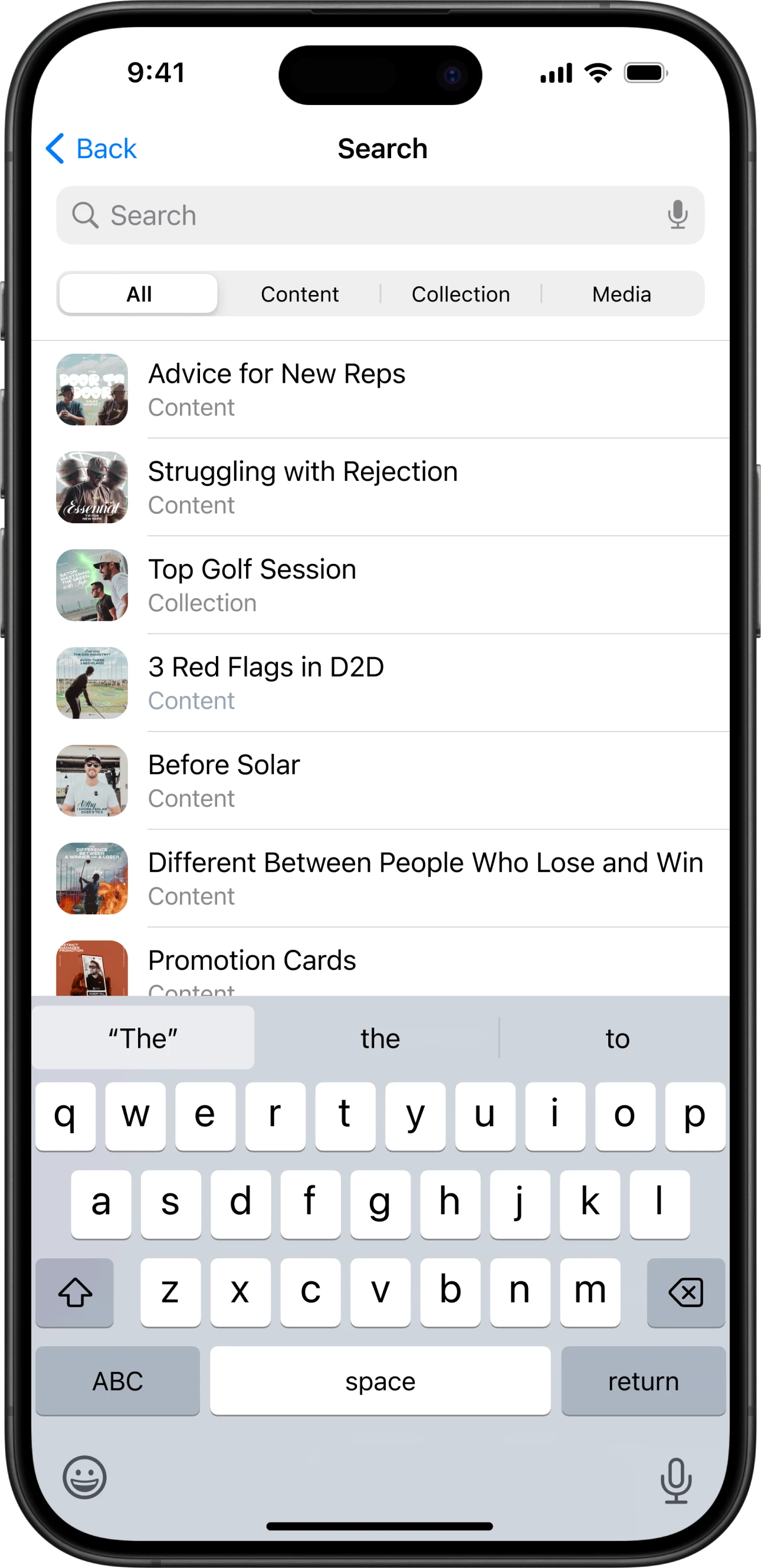 Searching trainings in SRG+ on an iPhone