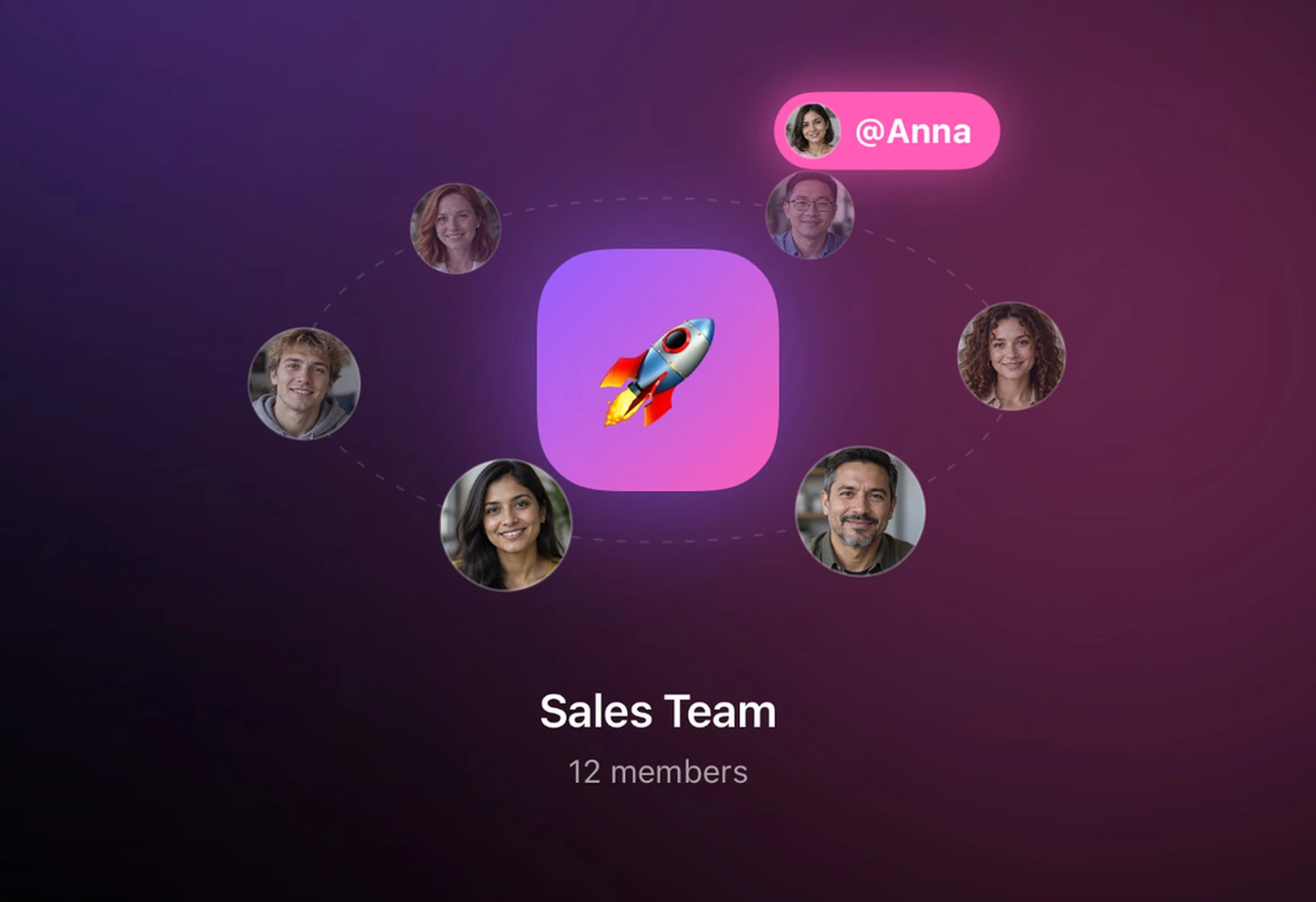 A Sales Team group with 12 members and an @mention