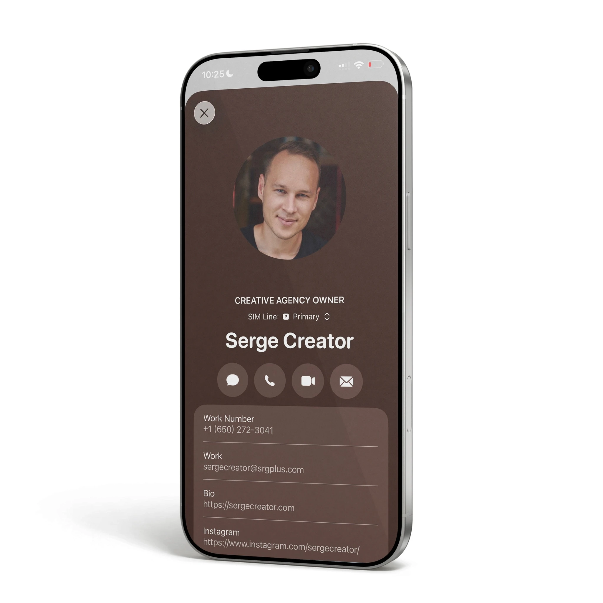 A phone showing the contact card that opens from an SRG+ CARD
