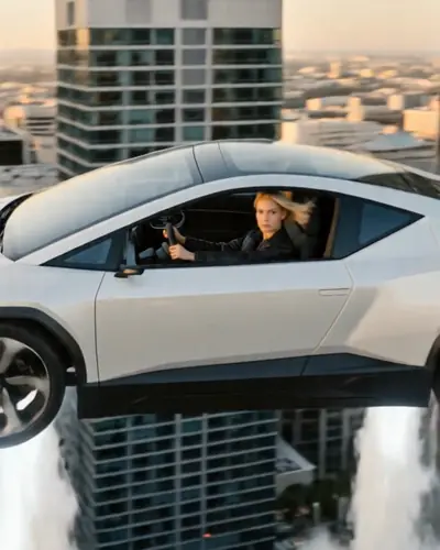 A woman driving a flying car among towers