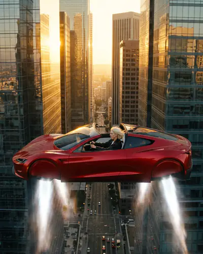 A red flying car over the city at sunset