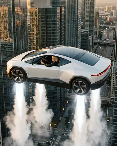 A white flying car rising between towers