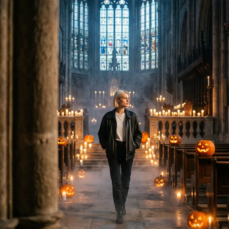 A woman walking through a candlelit cathedral
