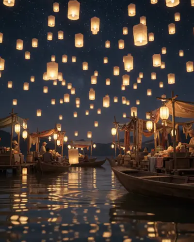 Lanterns floating over a night market on the water
