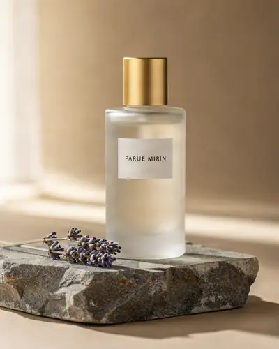 A perfume bottle on stone in soft light