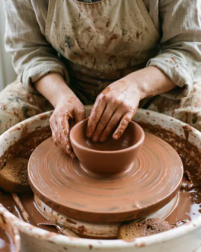 Hands shaping clay on a potter's wheel