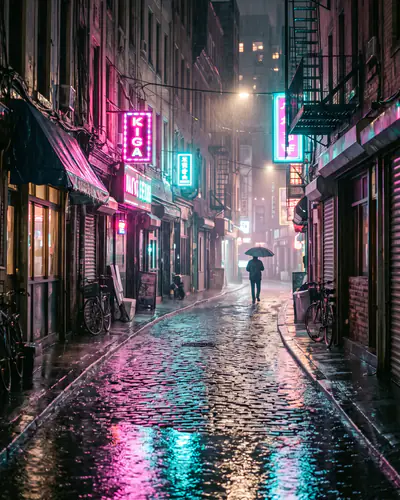 A rainy neon street at night