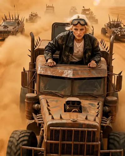 An off-road truck racing through desert dust