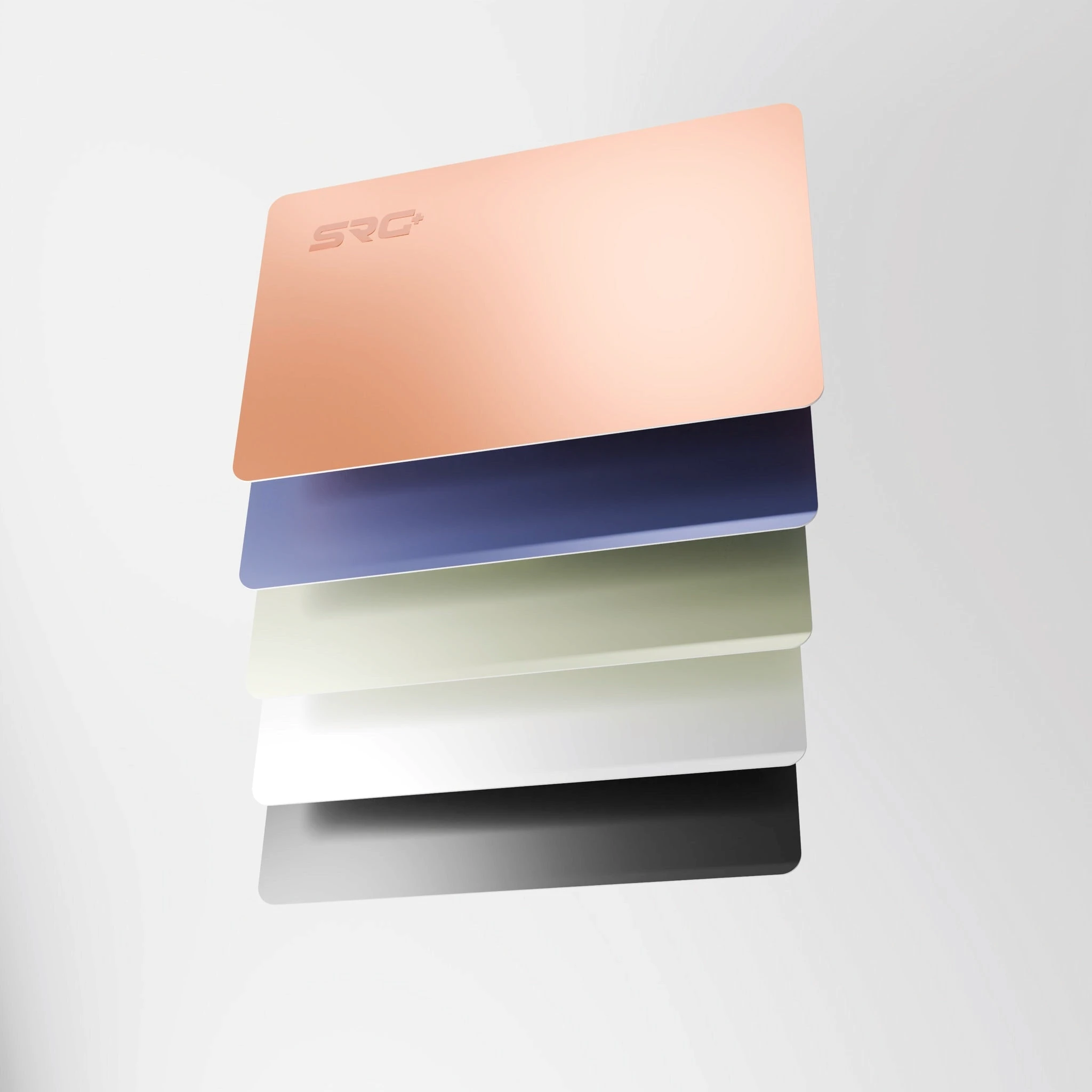 SRG+ CARDs in rose gold, blue, green, white and black