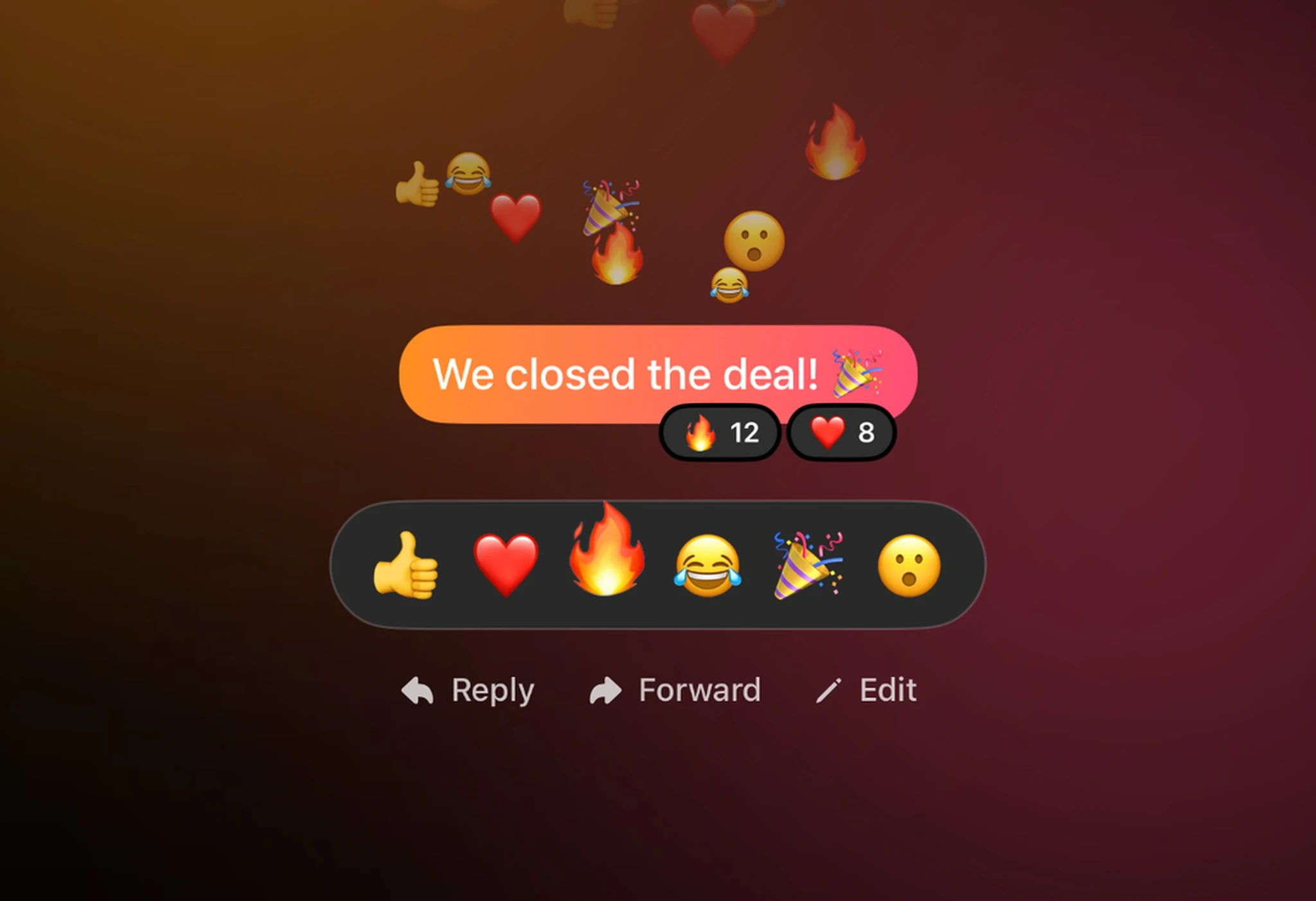 Emoji reactions on a message about a closed deal